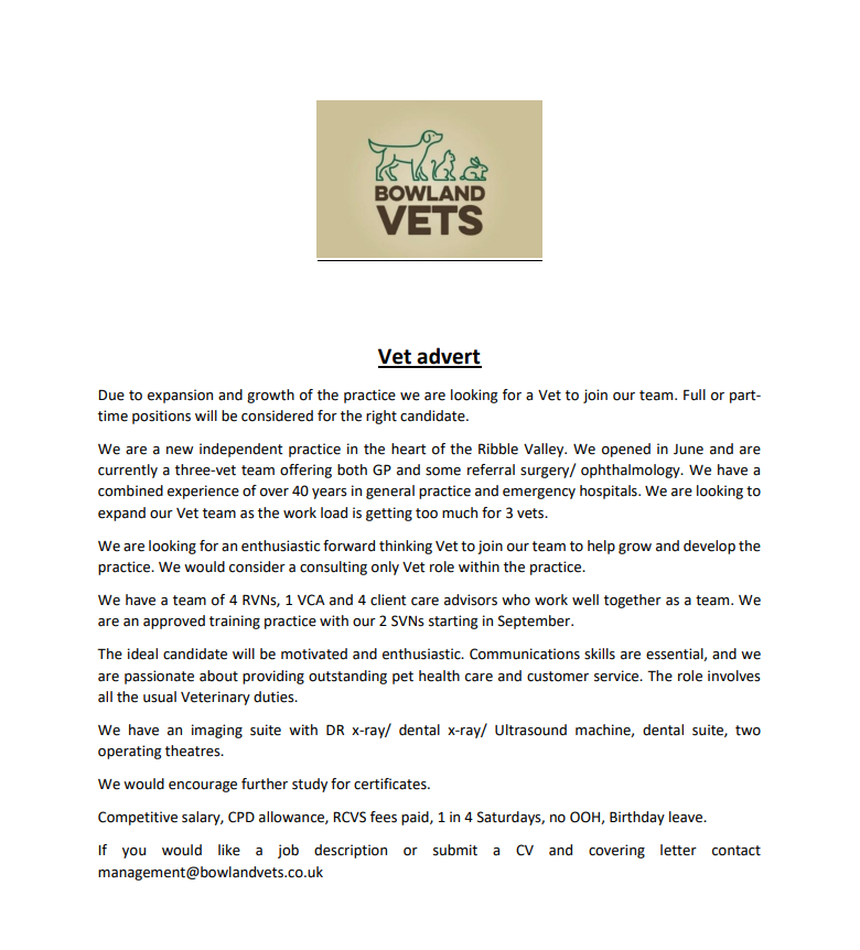 Registered Vet - Vacancy at Bowland Vets